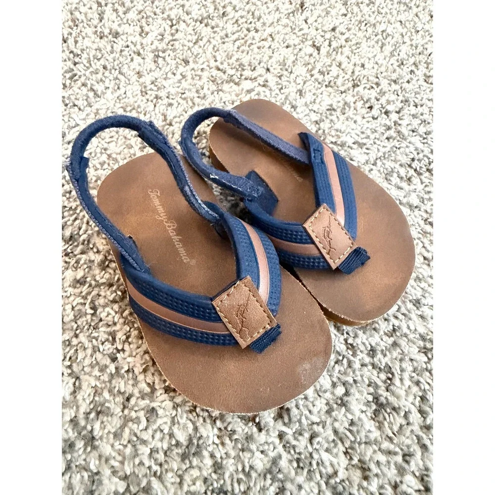 Tommy Bahama Toddler Boys Flip Flops Navy Blue Brown Elastic Heel Strap Size 4-5